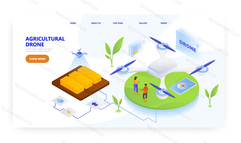 Agricultural drone, landing page design, website banner template, flat vector isometric illustration. Smart farming. Modern agriculture technology.