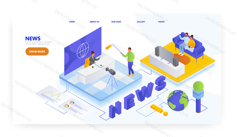News, landing page design, website banner template, flat vector isometric illustration. Couple watching breaking news sitting on sofa. Presenter hosting tv program in studio. Television broadcasting.