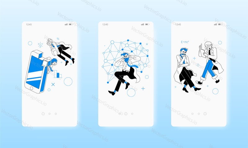 Science research, scientists working together in team. Teamwork. Mobile app screens. Vector banner template for website and mobile development. Web site and UI design illustration.