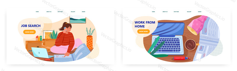 Job search, landing page design, website banner template set, flat vector illustration. Woman job seeker looking for vacancy. Home office. Remote work from home. Freelance.