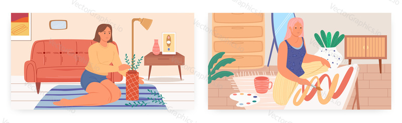 Home activities, landing page design, website banner template set, flat vector illustration. Woman caring for houseplants, girl painting picture. Hobby, housework, home garden.