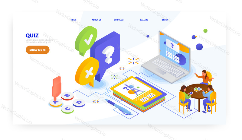 Quiz, landing page design, website banner template, flat vector isometric illustration. Kids playing online trivia quiz. Learning games.
