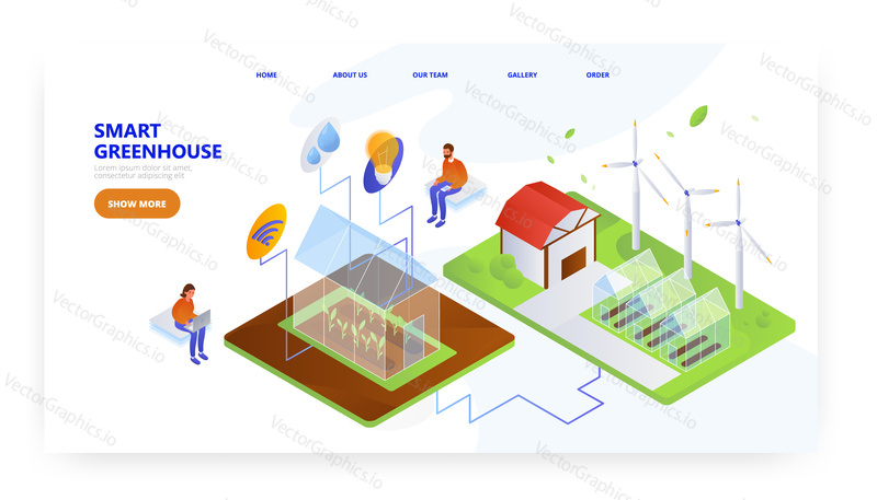 Smart greenhouse, landing page design, website banner template, flat vector isometric illustration. Smart farming industry, Iot, wireless remote control.