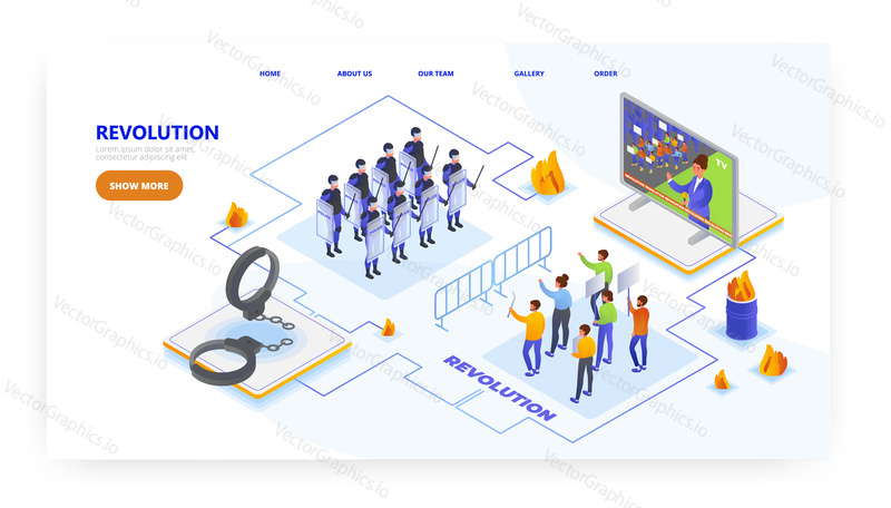 Revolution, landing page design, website banner template, flat vector isometric illustration. Crowd of people protesters with placards taking part in political meeting, demonstration.
