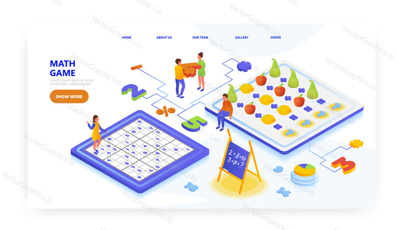 Math education game for kids, landing page design, website banner template, flat vector isometric illustration. Children learning mathematics. Fun math worksheets, quizzes, number puzzles.