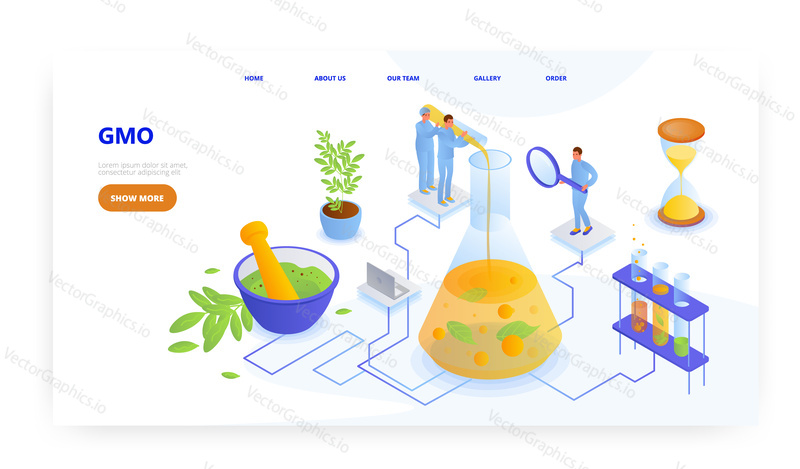 GMO experiment, landing page design, website banner template, flat vector isometric illustration. Genetic engineering, biotechnology, gmo testing lab.