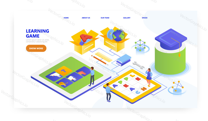 Learning game, landing page design, website banner template, flat vector isometric illustration. Kids playing word search puzzle games, assembling pictures of animals.