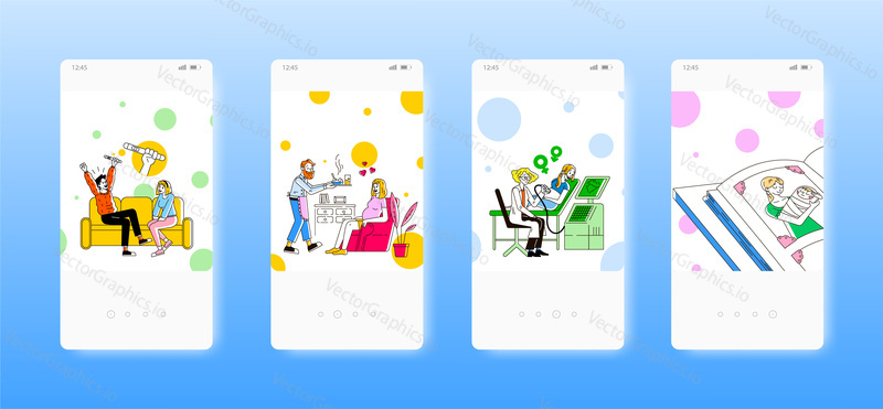 Pregnancy test, expectant mom, ultrasound diagnostic, childbirth. Pregnancy tracking. Mobile app screens. Vector banner template for website and mobile development. Web site and UI design illustration