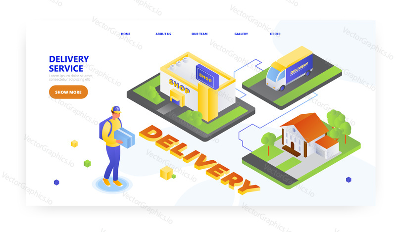 Delivery service, landing page design, website banner template, flat vector isometric illustration. Courier delivering parcel from shop to customer home door.