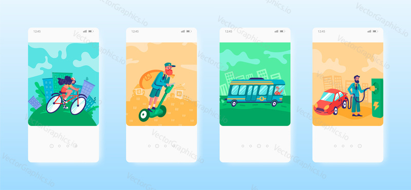 Eco city transport. Bicycle, gyroscooter, electric car and bus. Mobile app screens. Vector banner template for website and mobile development. Web site and UI design illustration.