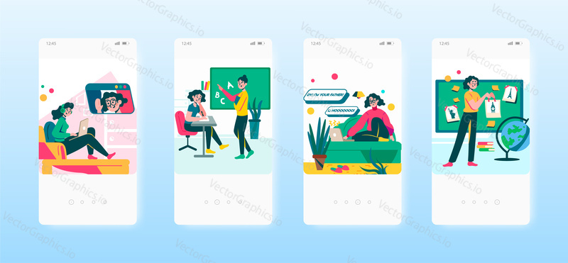 Language learning. Video call chat with native speaker. Online education. Mobile app screens. Vector banner template for website and mobile development. Web site and UI design illustration.