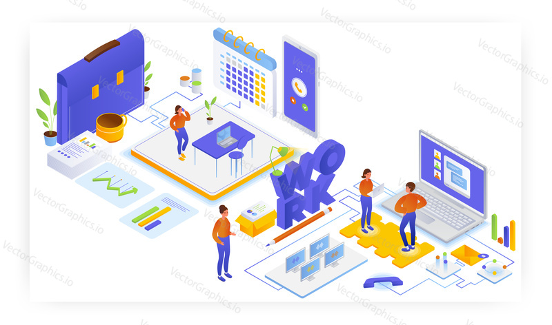 Office work, flat vector isometric illustration. Planning schedule, task management, reminder. Team work. Office situations.