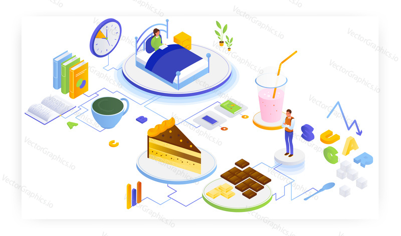People monitoring sugar intake, reading before bedtime, flat vector isometric illustration. Track sugar consumption. Health care. Daily bedtime routine.