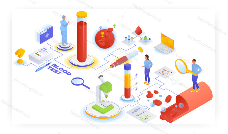 Blood test, flat vector isometric illustration. Medical lab equipment. Blood structure or composition analysis, diagnostic test.