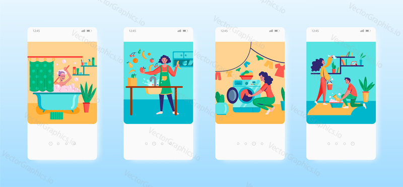 Hygiene. Taking bath, washing fruits, laundry, house cleaning. Mobile app screens. Vector banner template for website and mobile development. Web site and UI design illustration.