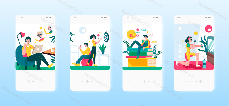 Home leisure. Video call chat with relatives, fitness, games, learning languages. Mobile app screens. Vector banner template for website and mobile development. Web site and UI design illustration.