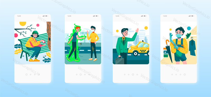 Hands disinfection, social distance, face mask, gloves. Coronavirus protection in public places. Mobile app screens. Vector banner template for website and mobile development.