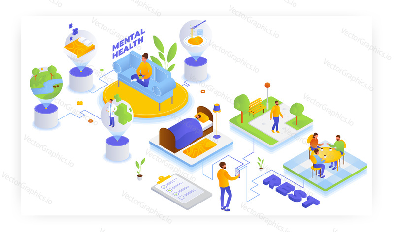 Maintaining physical and mental health, flat vector isometric illustration. Good sleep, rest, walk outdoors, meeting with friends, visiting doctor.