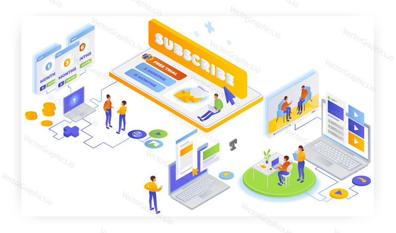 People choosing subscription plan, flat vector isometric illustration. Purchasing subscription concept.