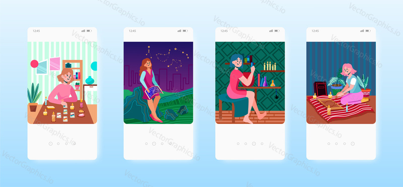 Occultism. Tarot card divination, magic potion, astrology prediction, ouija board. Mobile app screens. Vector banner template for website and mobile development. Web site and UI design illustration.