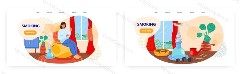 Smoking landing page design, website banner template set, flat vector illustration. Young woman relaxing smoking shisha in living room. Hookah and tobacco addiction, bad habits. Unhealthy lifestyle.