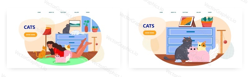 Cats landing page design, website banner template set, flat vector illustration. Six cute and happy kittens living together with young woman in cozy home. Pet animals care. Help for cats.