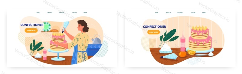 Confectioner landing page design, website banner template set, flat vector illustration. Woman baker cooking and decorating big birthday cake. Bakery, cake making services, confectionery, sweet pastry