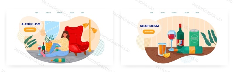 Alcoholism landing page design, website banner template set, flat vector illustration. Sad woman drinking beer, wine, alcohol beverages alone sitting on the floor in living room. Alcohol addiction.
