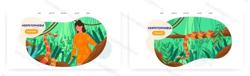 Herpetophobia landing page design, website banner template set, flat vector illustration. Scared woman is afraid of snake. Fear or aversion to reptiles lizards and snakes.