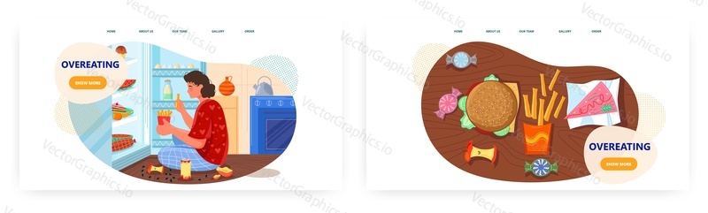 Overeating landing page design, website banner template set, flat vector illustration. Hungry woman sitting in front of open refrigerator and eating junk food at night. Gluttony. Unhealthy lifestyle.