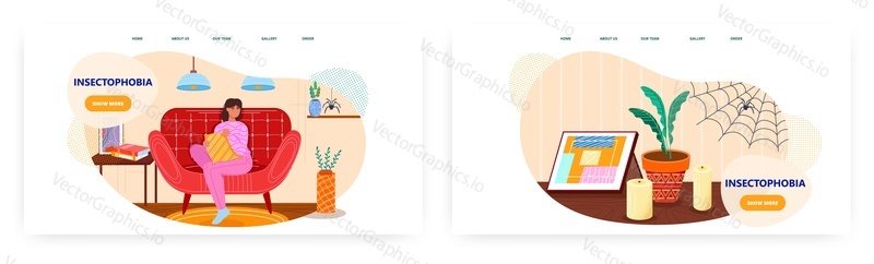 Insectophobia landing page design, website banner template set, flat vector illustration. Scared woman sitting on sofa and looking at spider coming down from ceiling. Fear of insects or bugs.