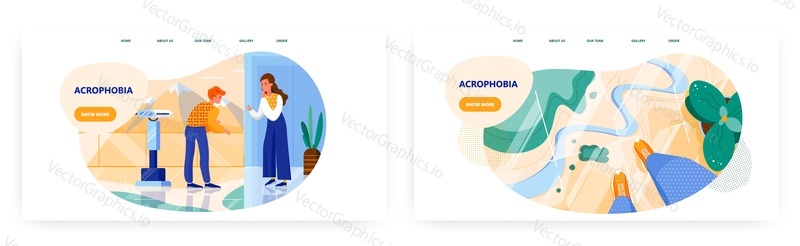 Acrophobia landing page design, website banner template set, flat vector illustration. Young scared man has acrophobia. Anxiety disorder. Male character experiencing panic because of fear of heights.