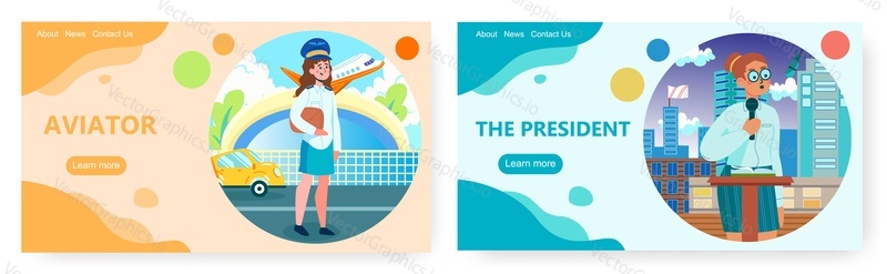 Happy successful ladies aviator and the president, landing page design, website banner template set, flat vector illustration. Strong women making male careers. Non traditional employment for women.