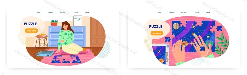 Puzzle landing page design, website banner template set, flat vector illustration. Young woman playing board game, doing jigsaw puzzle sitting on the floor. Home leisure activity.