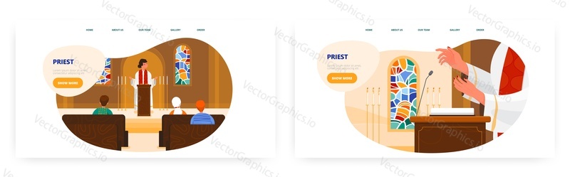Дизайн целевой страницы священника, набор шаблонов баннеров веб-сайта, плоская векторная иллюстрация. Католический священник, пастор произносит речь, читает молитву, стоя за трибуной. Церковное богослужение.