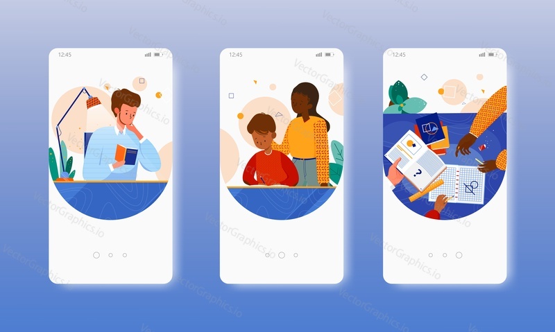 Study together. Happy multicultural family relationship, parenting. Mobile app onboarding screens. Vector banner template for website and mobile development. Web site and UI design illustration.