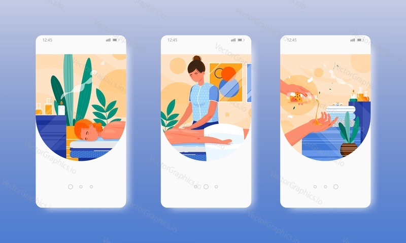 Massage oils, body treatments. Spa therapy. Relaxation procedure. Mobile app onboarding screens. Vector banner template for website and mobile development. Web site and UI design illustration.