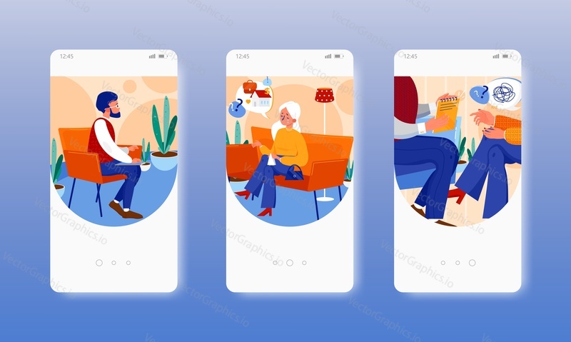 Individual therapy. Psychotherapy session. Mental health problems. Mobile app onboarding screens. Vector banner template for website and mobile development. Web site and UI design illustration.