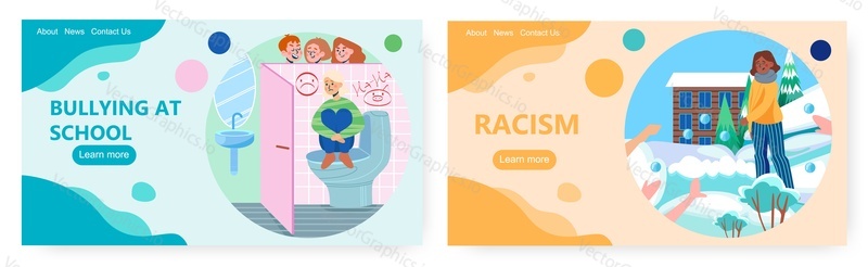 Bullying landing page design, website banner template set, flat vector illustration. Depressed school girls caucasian and african facing school bullying, racial discrimination. Teen aggression, racism