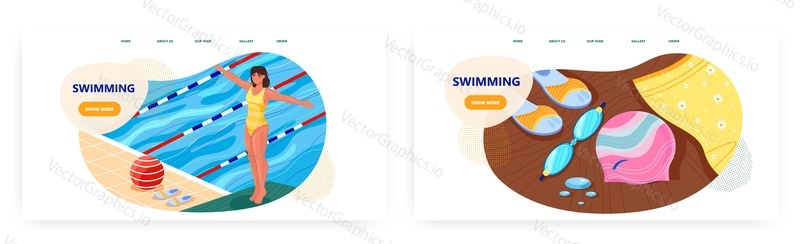 Swimming landing page design, website banner template set, flat vector illustration. Swimming pool water sport, high dive race competition, training. Woman jumping off diving board.