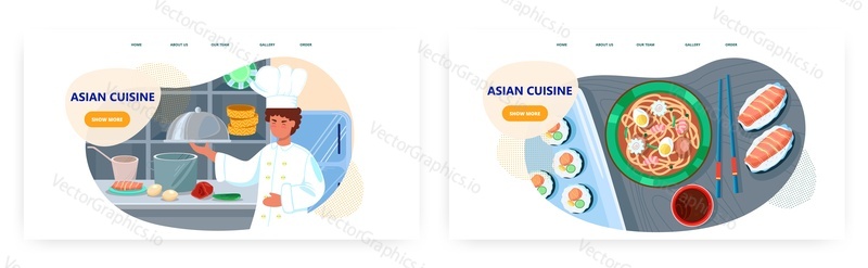 Дизайн целевой страницы азиатской кухни, набор шаблонов баннеров веб-сайта, плоская векторная иллюстрация. Шеф-повар готовит японский суп с лапшой рамэн, сашими из лосося или тунца.