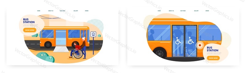 Bus station landing page design, website banner template set, flat vector illustration. City bus with wheelchair access ramp for disabled people. Wheelchair accessible public transport.