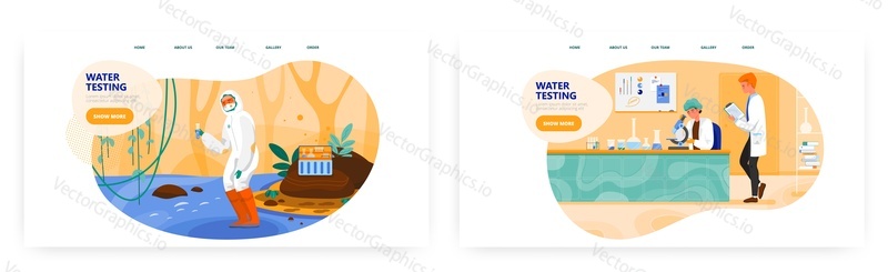 Water testing landing page design, website banner template set, flat vector illustration. Scientists taking water samples from river and making research, analysis in laboratory.