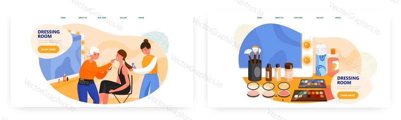 Dressing room landing page design, website banner template set, flat vector illustration. Girl actress, fashion model, singer celebrity getting makeup and hairstyle. Makeup room, fashion industry.