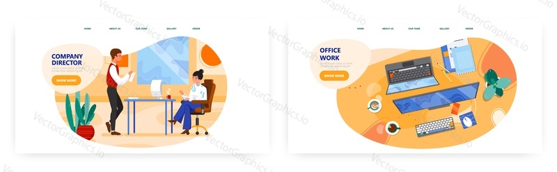 Business company director landing page design, website banner template set, flat vector illustration. Office people characters, boss talking to employee, modern workplace. Office work.