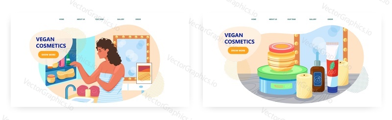 Vegan cosmetics landing page design, website banner template set, flat vector illustration. Woman using ethical beauty cosmetics, organic skin care and hair products. Eco friendly lifestyle.