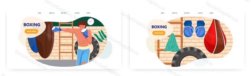 Boxing landing page design, website banner template set, flat vector illustration. Young man boxer training punching heavy bag. Boxing sport gym workout.