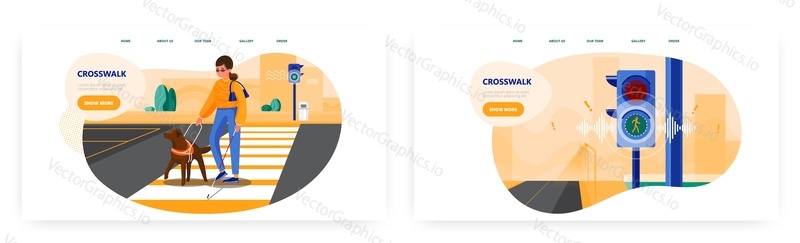 Crosswalk landing page design, website banner template set, flat vector illustration. Blind woman with cane and guide dog crossing the street on pedestrian crosswalk at green traffic lights.