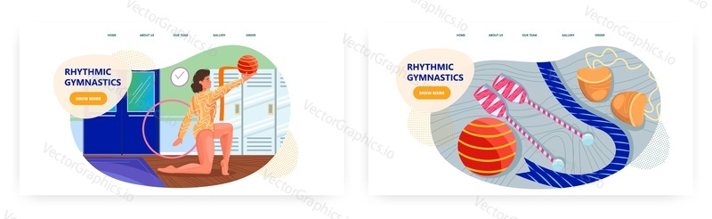 Rhythmic gymnastics landing page design, website banner template set, flat vector illustration. Beautiful girl gymnast performing with ball. Sports equipment for rhythmic gymnastics ribbon clubs hoop.