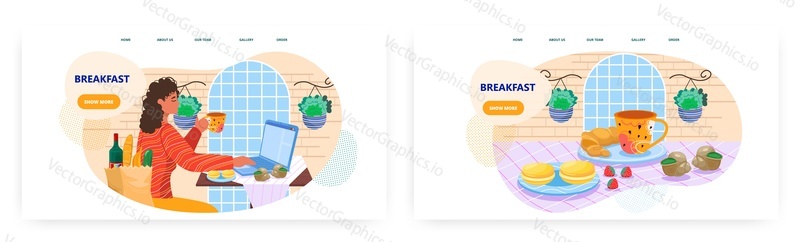 European breakfast landing page design, website banner template set, flat vector illustration. Woman drinking coffee with croissant and macaroon cookies for breakfast. Traditional french morning meal.